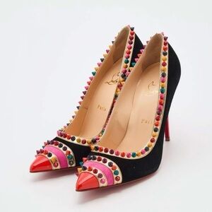 $1,095 Christian Louboutin Black Suede Leather Malabar Hill Spiked Pumps Heels 7